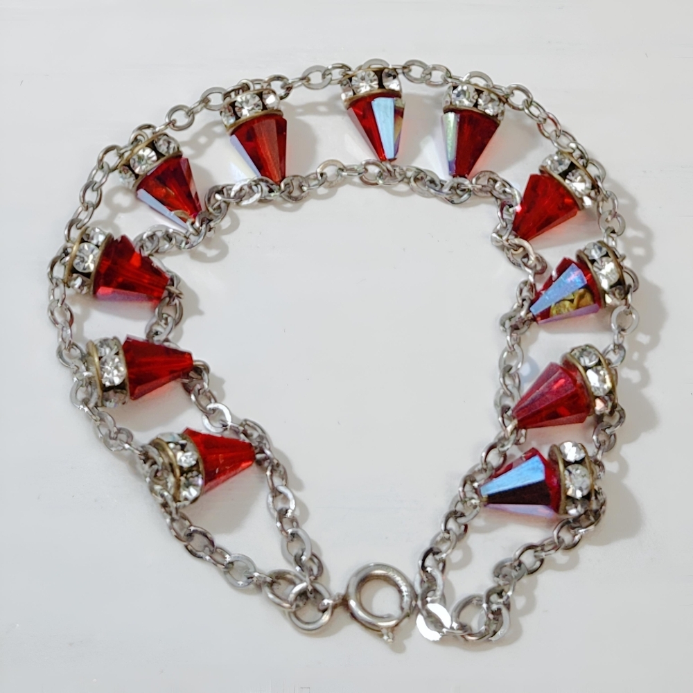 Vintage Sterling Silver RARE Red Siam Aurora Boreale Swarovski Crystal Bracelet
